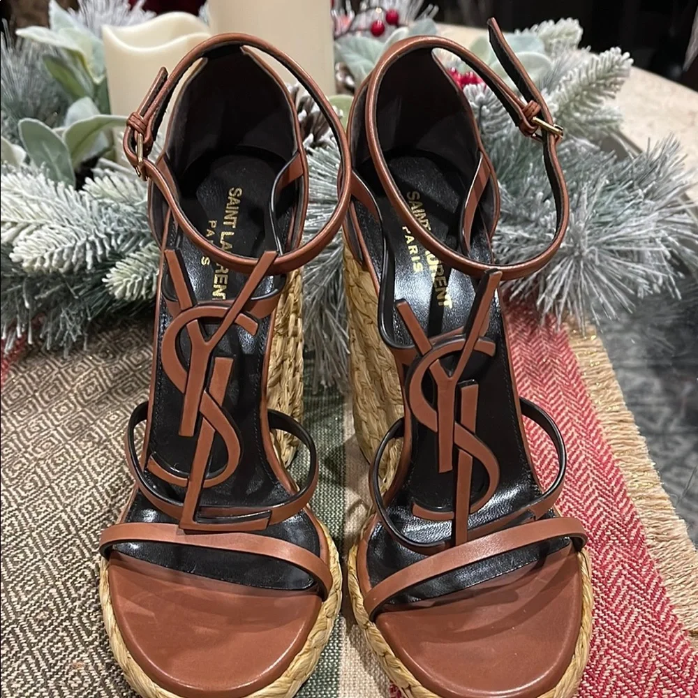 Saint Laurent Tan Leather Wedge Sandals - Picture 6 of 6